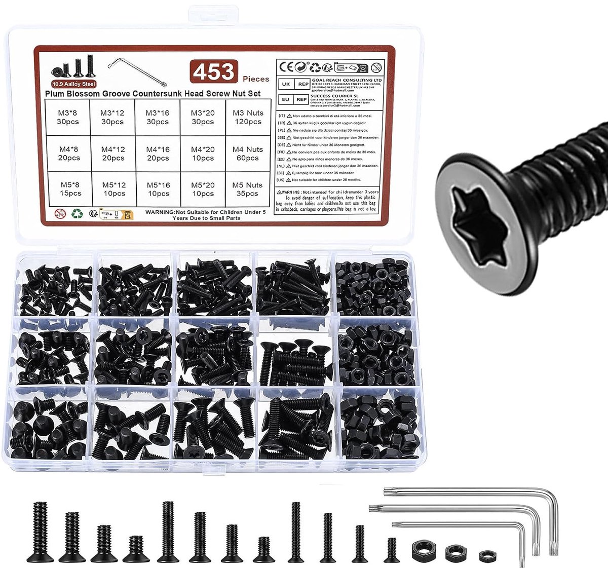 SnelShoppen - 450-delige M3 M4 M5 Torx Schroeven Set, Verzonken Schroeven en Moeren Set, Torx Platte Kop Schroeven Assortiment, Zwarte Metrische Schro
