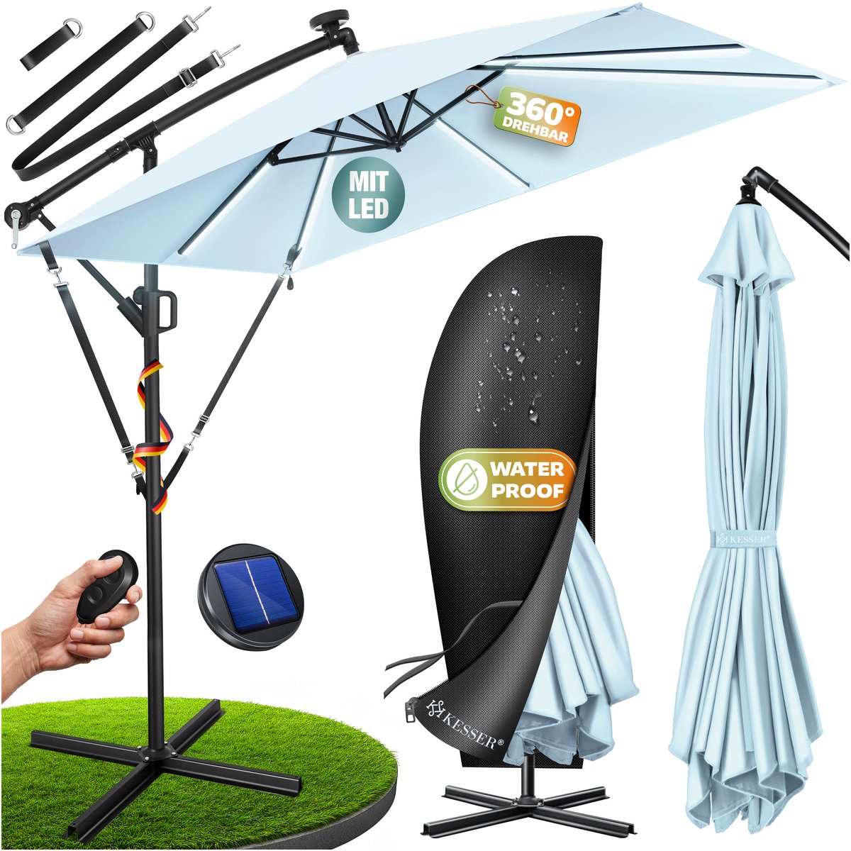KESSER® Zweefparasol Holly – Parasol met hoes, windbescherming en zwengel – UV-bescherming, aluminium, waterafstotend – Tuinparasol Marktparasol – Lichtblauw/Zwart
