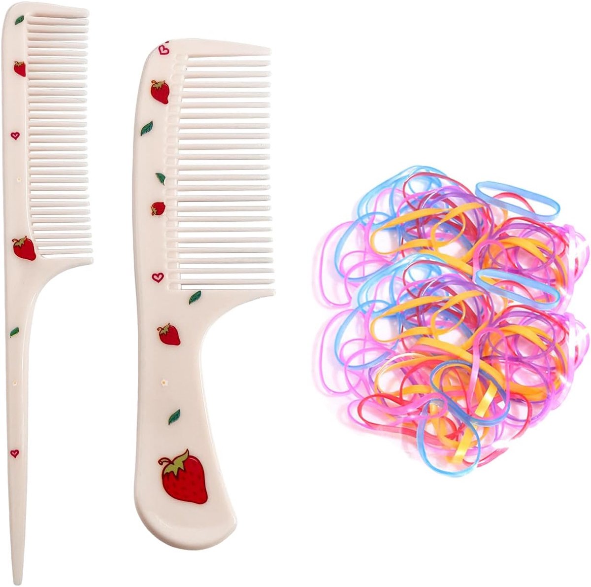 2 Strawberry Shape Combs, 1 Pack of Rubber Bands Jelly Colour Children's Comb, Cartoon Comb, Hair Brush Set for Girls - ShopVlot