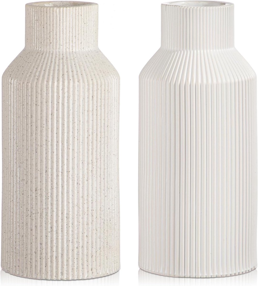 Vaas set van 2 - keramische vazen wit - ribbeldesign - moderne decoratie voor bloemen - ShopVlot