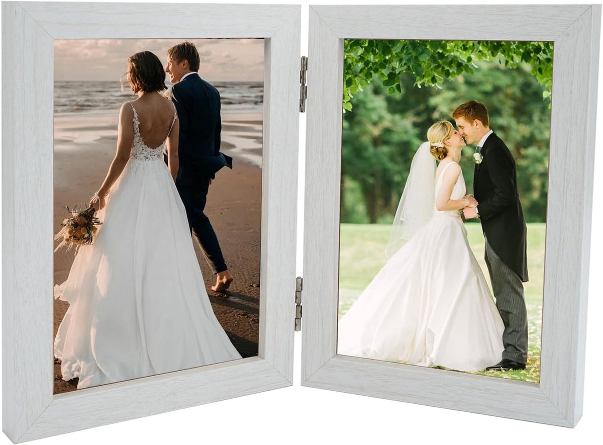 SnelShoppen - Dubbel Fotolijstje, 10 x 15 cm, Opvouwbaar Houten Fotolijst met Glas, 2 Foto's, Inklapbare Collage voor Bureau Decoratie (Wit)