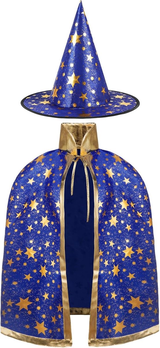 heksenmantel kinderen, heksenkostuum, mantel en hoeden voor kinderen, Halloween-kostuum rekwisieten, kostuum met gouden sterrenpatroon voor kinderen, meisjes, Halloween, feest