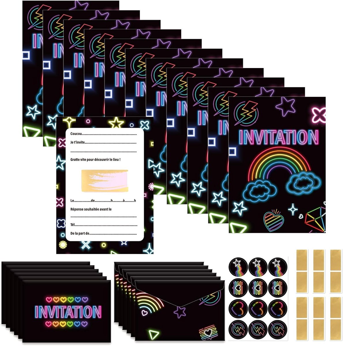SnelShoppen - 12 Stuks Verjaardagsuitnodigingen Meisjes Neon Thema met Enveloppen en Zelfklevende Stickers voor Kinderfeestje