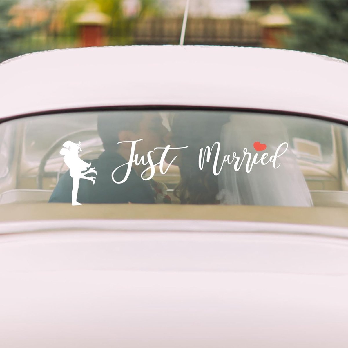 60 x 15 cm Just Married Auto-sticker, zelfklevende bruiloftsvoertuigdecoratie met hart, bruiloftdecoratie voor autoruit, spiegel, huwelijksreis