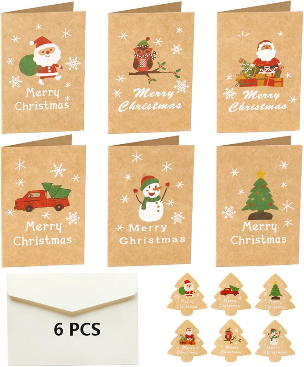 SnelShoppen - Set van 6 Kerstkaarten met Enveloppen, Mini Kerstkaarten, Lege Vouwkaarten, Postkaarten, 10.5 cm x 7 cm, Verschillende Ontwerpen, Fijne