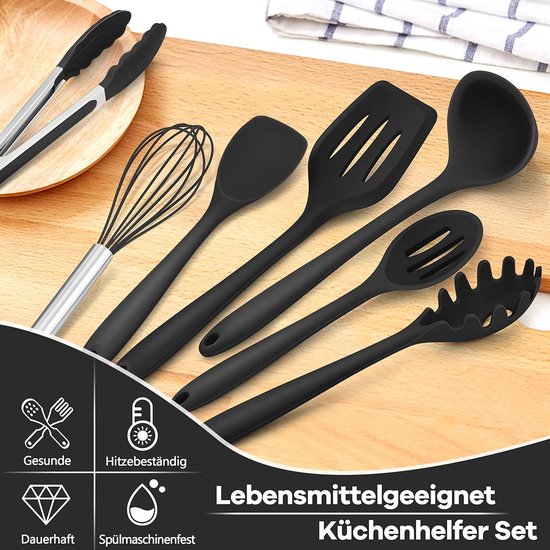 Keukenhulpset, 7-delige zwarte siliconen keukengerei set - Anti-aanbakkookbestek, hittebestendig kookgerei met spatel voor koken, bakken, gezond, vaatwasmachinebestendig — afbeelding 2