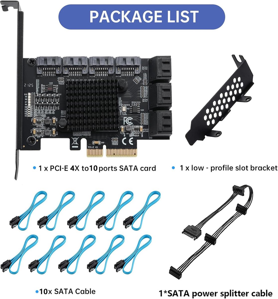 PCIe 4x SATA-kaart met 10 poorten en 10 SATA-kabels, low-profile beugel, SATA 3.0 6 Gbps controller