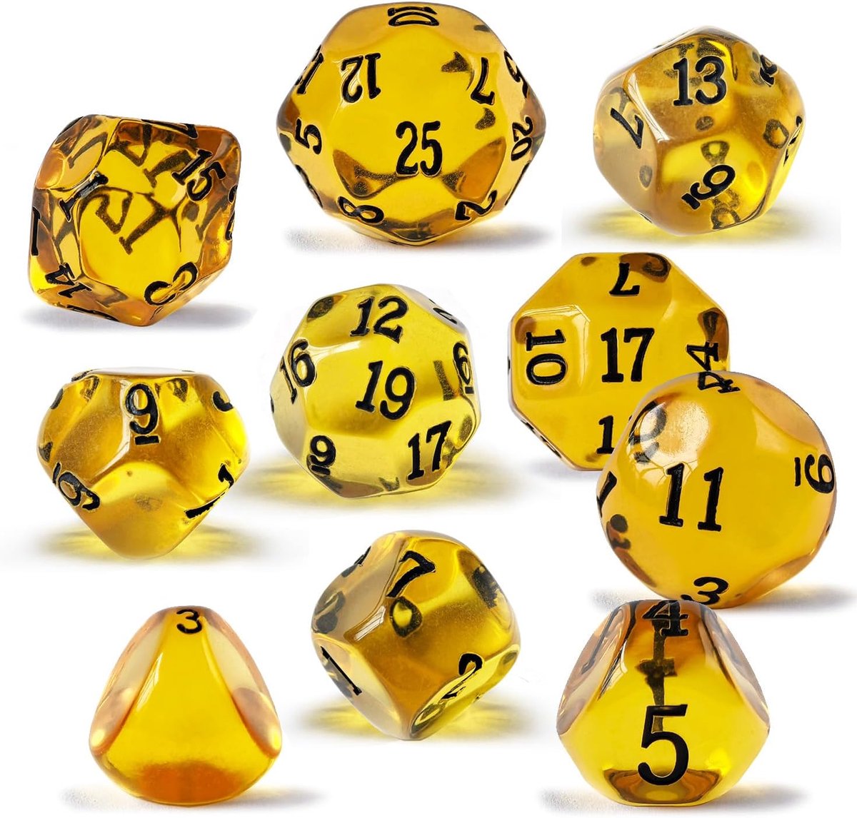 10 stuks oneven genummerde polyedrische dobbelstenen set D3-D25, oneven genummerde dobbelstenen D3, D5, D7, D9, D11, D13, D15, D17, D19, D25 voor rollenspellen, tafelspellen (Amber Set)