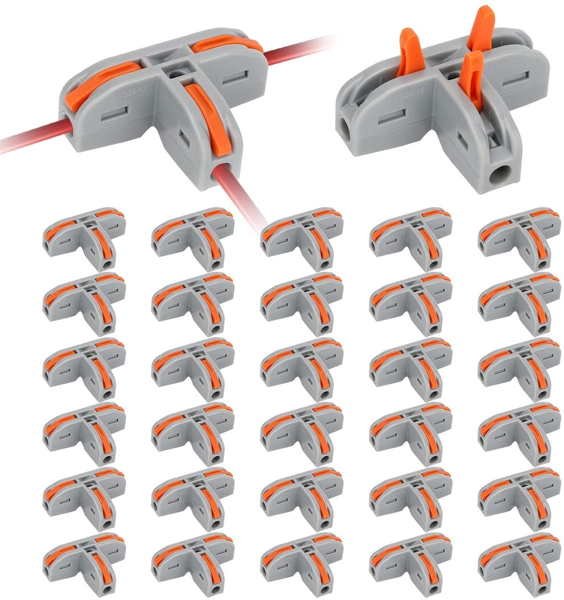30 stuks compacte draadgeleiderverbinders, T-connectoren hefboommoer-draadverbinder, elektrische doorgangsverbinders 3-polig voor AWG 28-12 massieve draaddraad