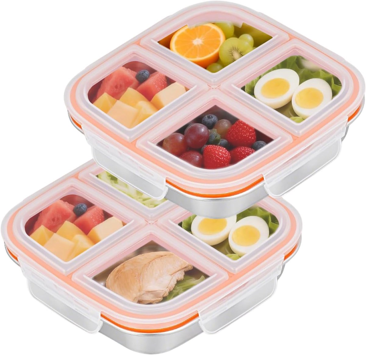 2 stuks snackbox met 4 vakken roestvrij staal, herbruikbare snackdoos voor kinderen en volwassenen, bento box, broodtrommel voor kinderen, lekvrij metalen Bento Box met deksel voor school, werk en
