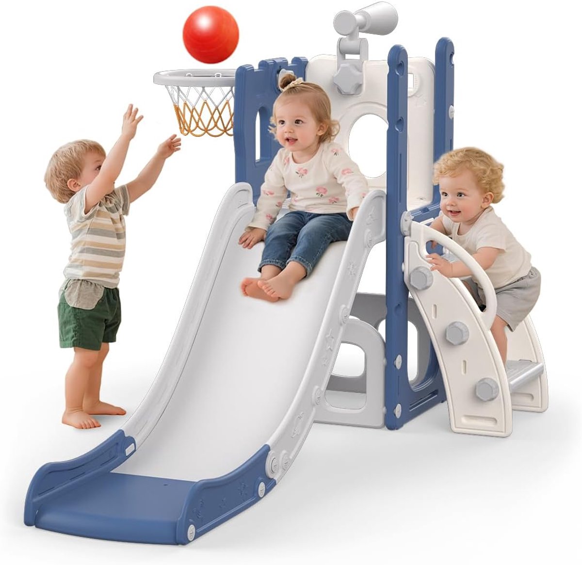 5-in-1 glijbaan voor kinderen, 5-in-1 glijbaan voor binnen en buiten, speelplaats voor kinderen met basketbalmand, opbergruimte en telescoop, speelplaats voor kinderen vanaf 1 jaar, blauw
