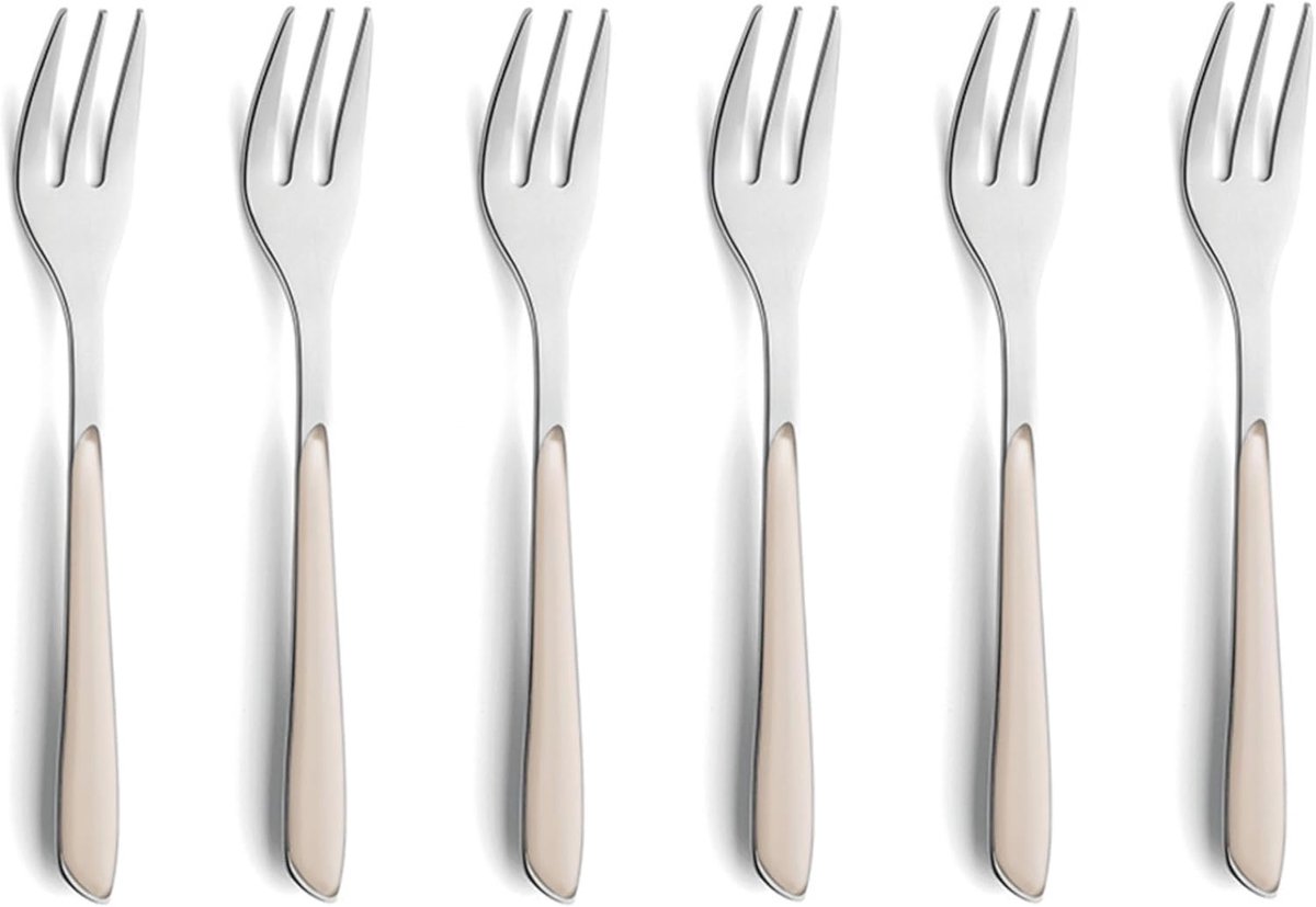 Prisma taartvorkset 6-delig, 18/0 roestvrij staal, katoen-wit | Roestvrije, vaatwasmachinebestendige dessertvorken met mat design en gekleurde kunststof handgreep, ideaal voor 6 personen