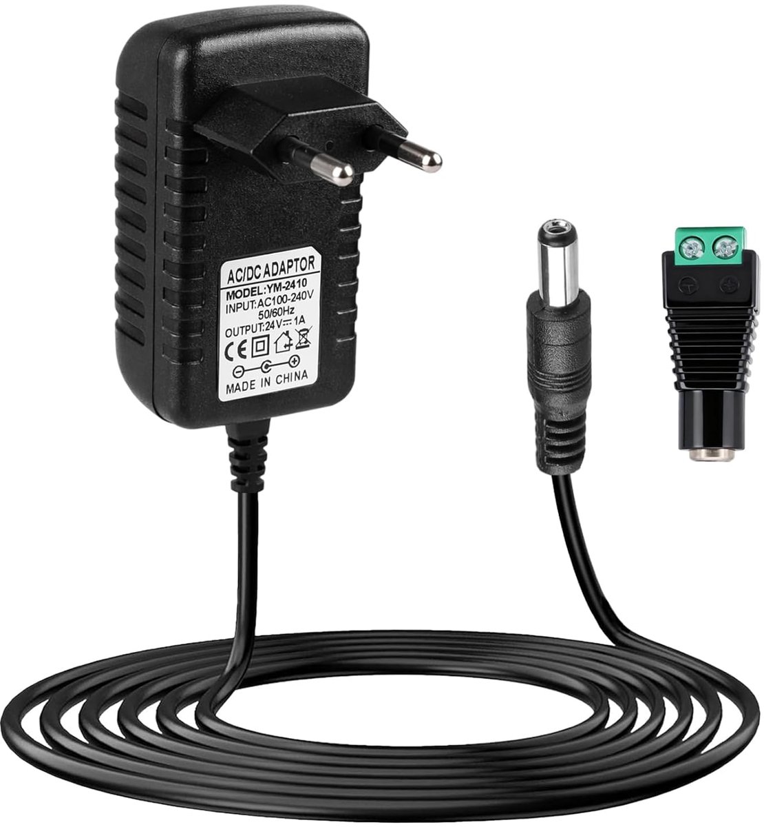 24 V, 1 A, transformator, ingang AC 100-240 V, 50/60 Hz, universele netadapter, EU-stekker, oplader jack 5,5 x 2,1 mm, met DC-stekker voor ledstrips, CCTV camera, routers, tv-box