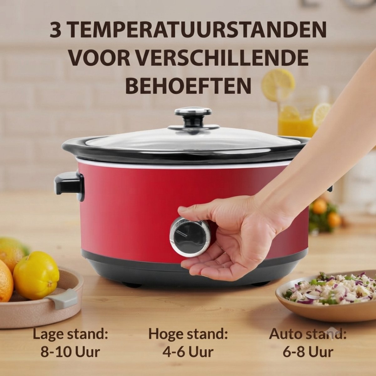 Slowcooker - Warmhoudfunctie - Keramische Binnenpan - Rood - 24cm x 31cm x 18cm – foto 8