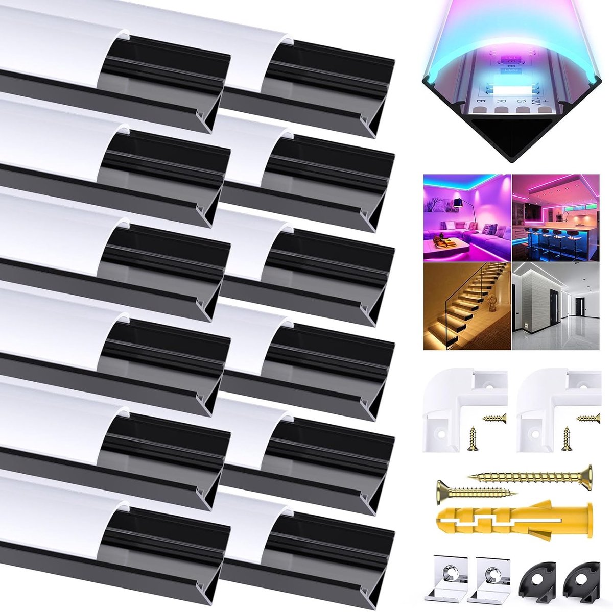 Strip Profiel, 12-pack LED Aluminium Kanaal 3.3ft/1Meter Zwart V-Vorm LED Profiel met Melkwitte Afdekking, Eindkappen, Montageclips Aluminium Extrusie 90 Graden Connectoren voor LED Strip