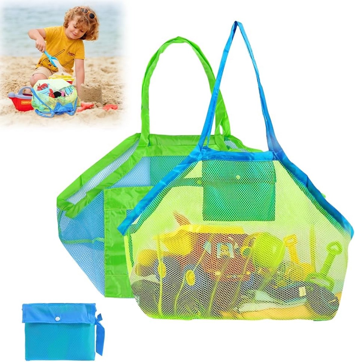 SnelShoppen - 2 Stuks Zand Speelgoed, Opbergzak, Grote Strandtas, Herbruikbare Opbergzak voor Kinderen, Speelgoed voor Strand en Water, Familie, Vakan