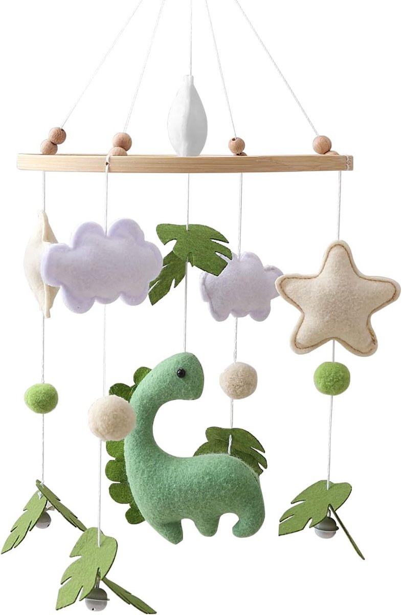 wieg van hout, dinosaurusdeken, blad, wolken en sterren, jostrin voor baby, met bel, slaapkamerdecor, cadeau voor meisjes en kinderen