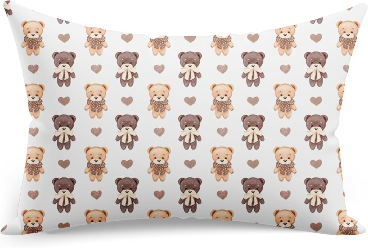 Kinderkussensloop, 50 x 60 cm, van 100% katoen, hoofdkussensloop, kussensloop, Oeko-Tex Standard 100, kinderhoezen met ritssluiting, teddybeertje met strik