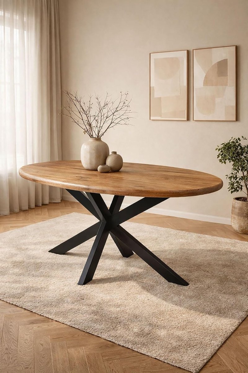 Home Ovale Eettafel 240 cm Mangohout – Bruin – Zwart Metalen Matrix Onderstel – Landelijk – 7-8 Personen