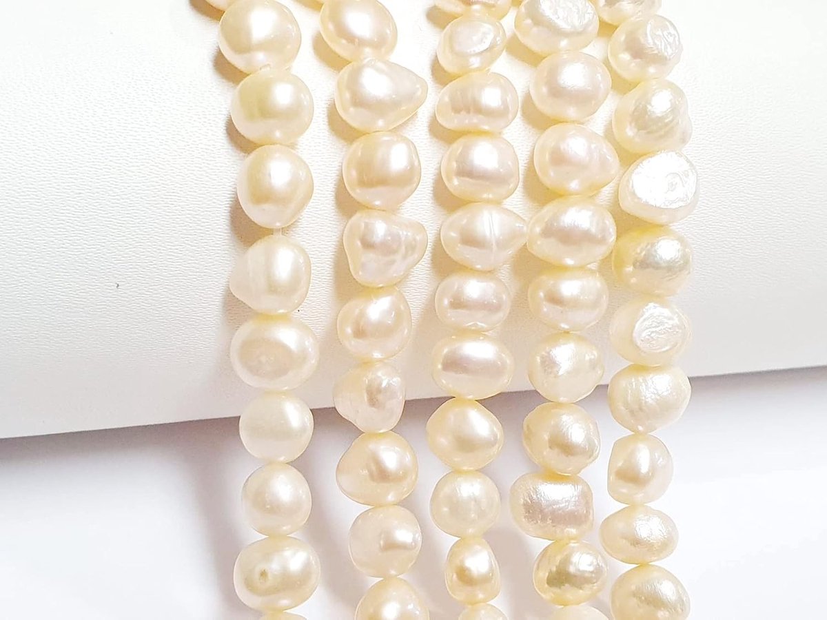 Zoetwaterparels, gekweekte parels, schelpparels, 8 mm, crème, abrikoos, rijstkorrels, natuur, ovaal, barok, 25 stuks om te rijgen