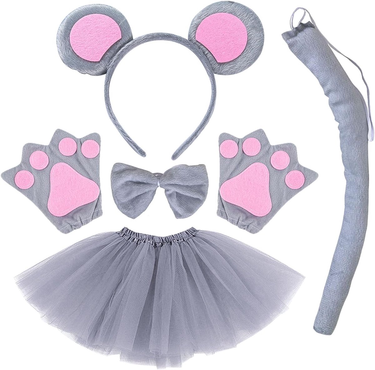 Kostuumset, oren hoofdband vlinderdas handschoenen tutu rok aankleedset, muis kostuum feestdecoratie accessoires voor kind verjaardag kerstfeest (5 stuks)