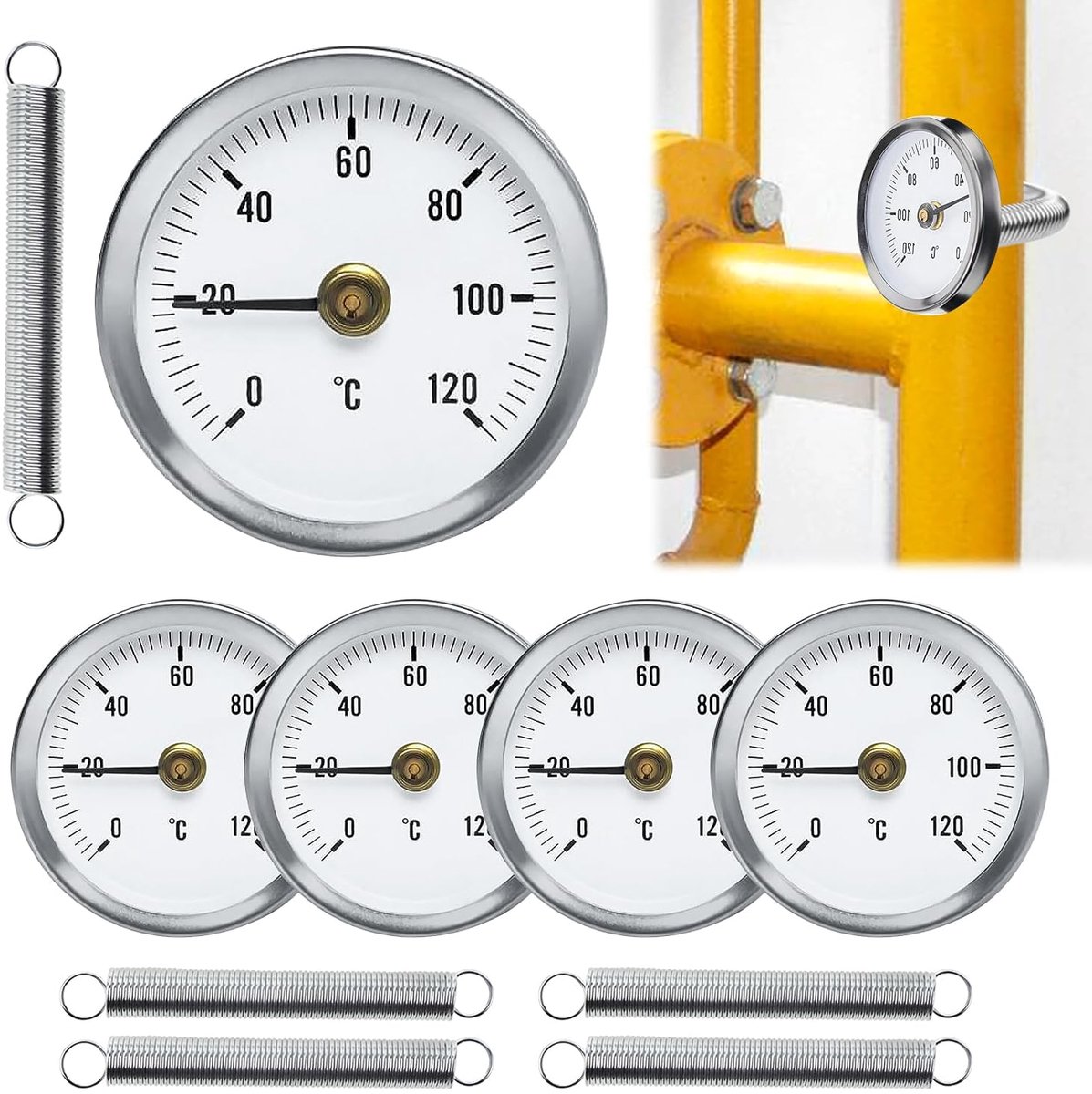 Thermometer voor verwarmingsbuizen, 5 stuks bimetalen thermometers, warmwaterbuis-oppervlakthermometer met clip, 63 mm bimetalen veerthermometer voor olie-oppervlaktebuizen
