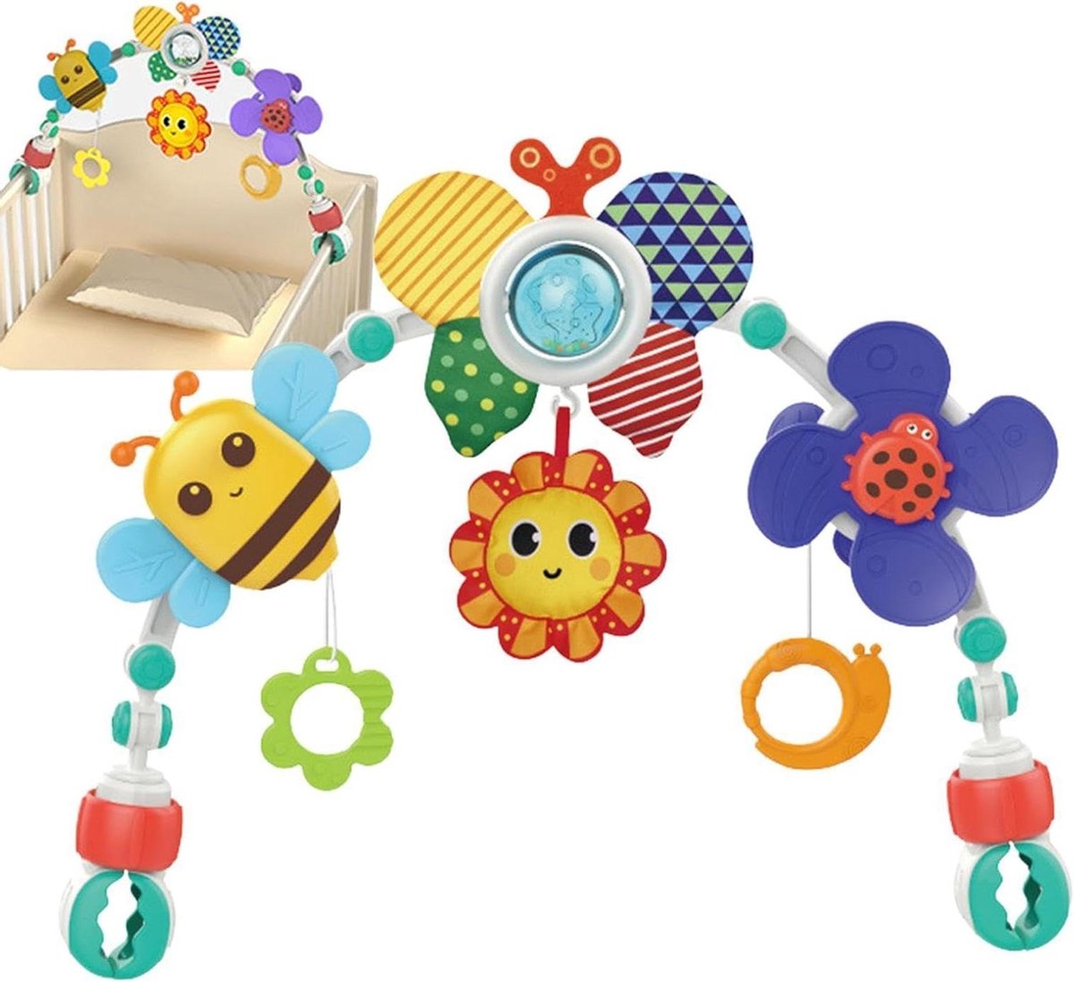 Kinderwagen speelboog - Activiteitencentrum baby - Baby vermaken - Verstelbare klemmen - 28.7 cm - Multicolor