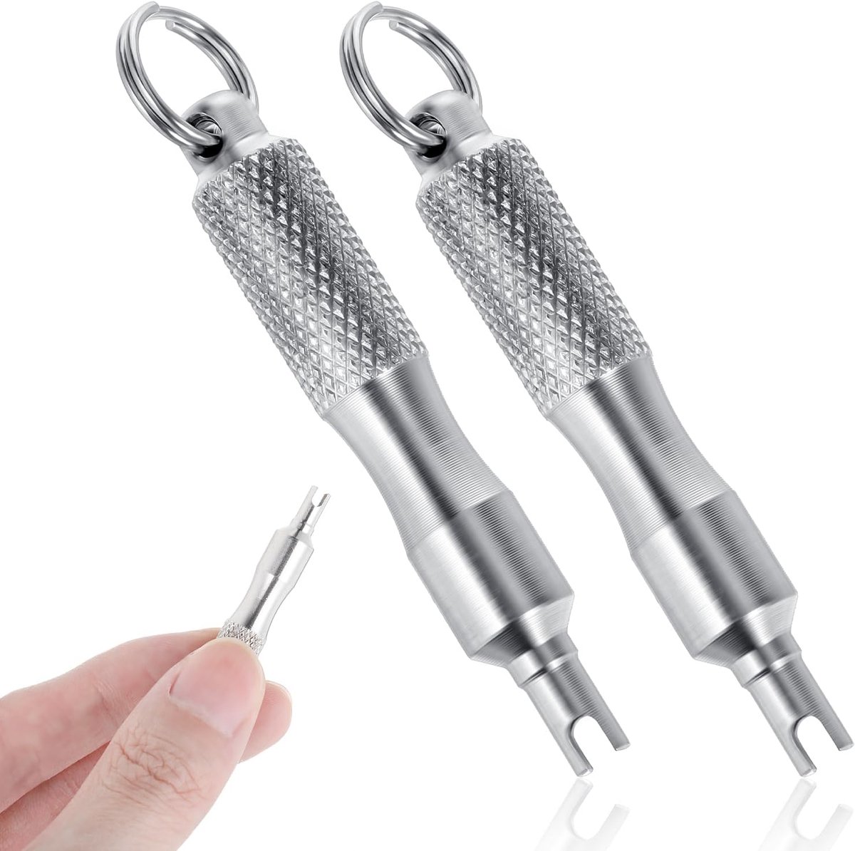 Bandventielsteel verwijderingsgereedschap, 2 stuks kleine draagbare reparateur, bandenventiel, installatiegereedschap voor fietsen, auto's, motorfietsen, vrachtwagens (zilver, roestvrij staal)