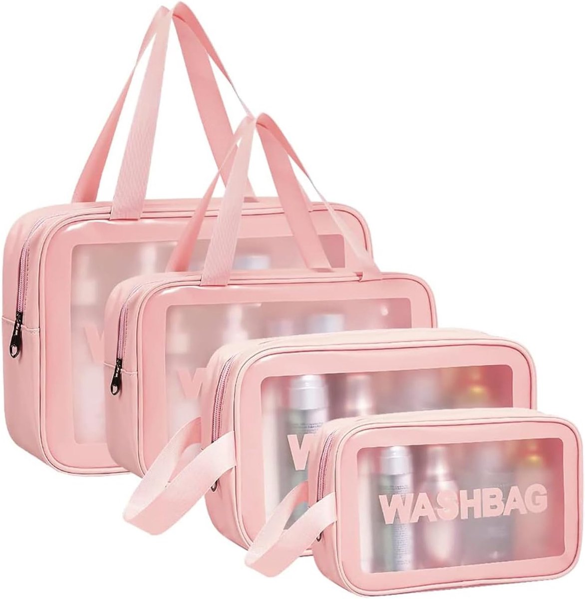 SnelShoppen - Transparante Cosmetica Tas Set van 5 - Duidelijke Toilettas met Rits voor Reis, Badkamer, Vliegtuig - Inclusief Lekvrije Vloeistof Tas -