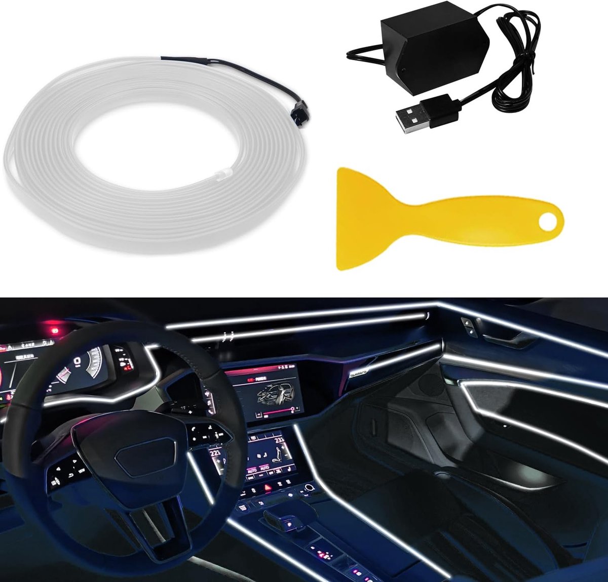 Interieurverlichting 5M 16FT EL-draad Verlichting met 6mm Naad Rand Auto Ambiance Atmosfeerverlichting USB EL-draad Verlichting (Wit)