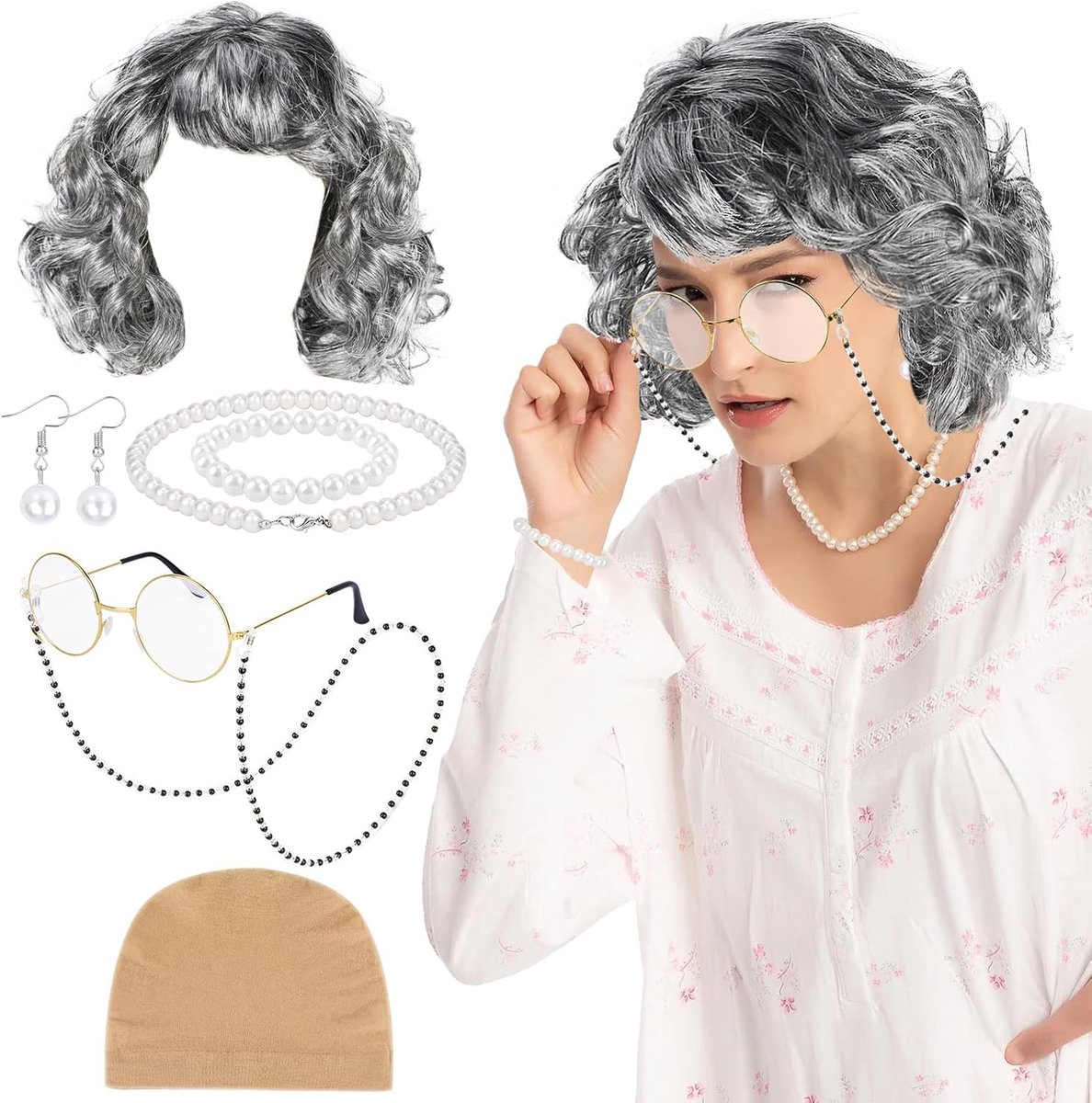 7 stuks oude damespruik, kostuumset, oud, dameskostuum, accessoireset met oma-pruik, bril, faux parelketting, armband, oorbellen voor Halloween, cosplay, carnavalskostuum, C