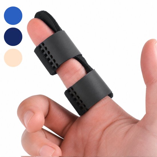 Zwarte vingerbrace op een vinger, met kleuropties blauw en beige.