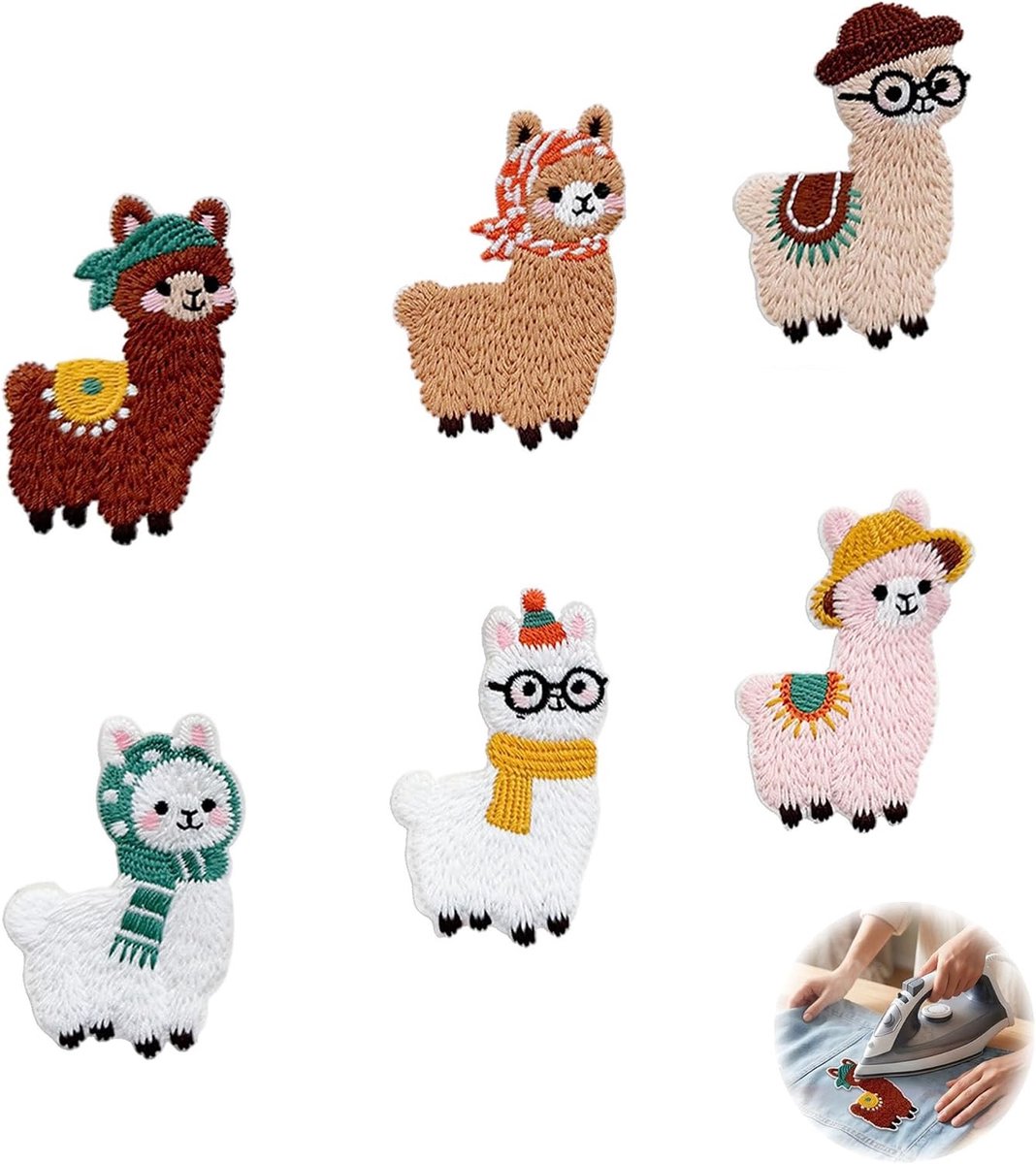 Strijkpatches met lama, 6 geborduurde patches voor kleding, jassen, T-shirts, jeans en hoeden, doe-het-zelf strijkafbeeldingen voor creatieve projecten
