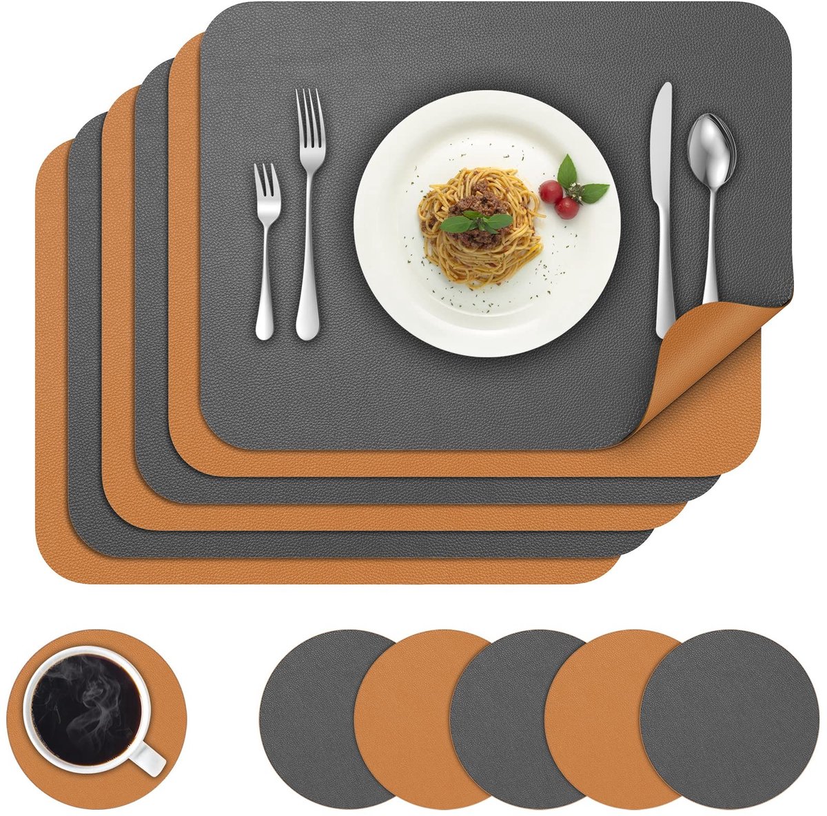 Omgoods - Set van 6 Wasbare Tafelmatten met Coasters in Grijs en Bruin