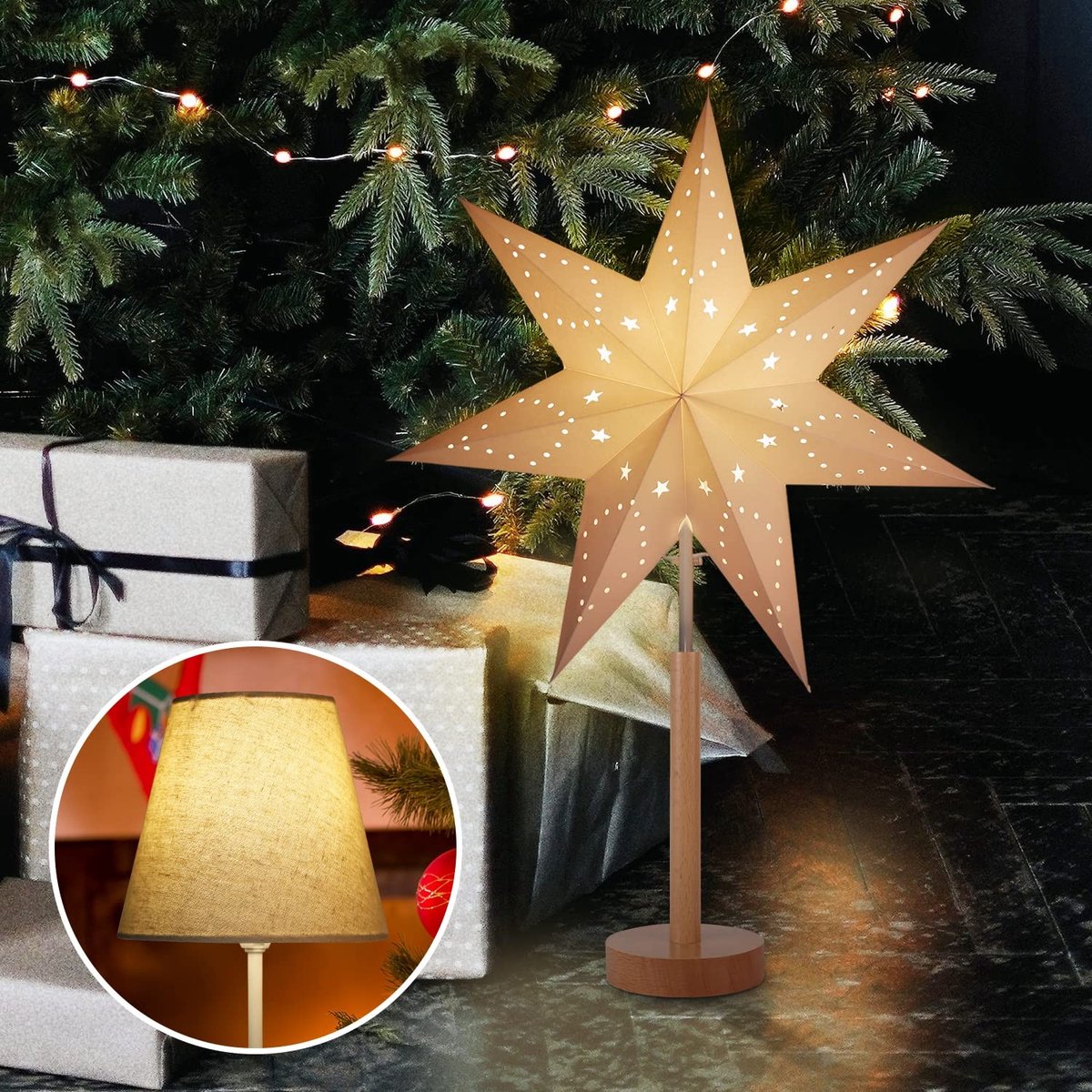 Omgoods - LED Tafellamp met 3D Kerstster en Houten Basis