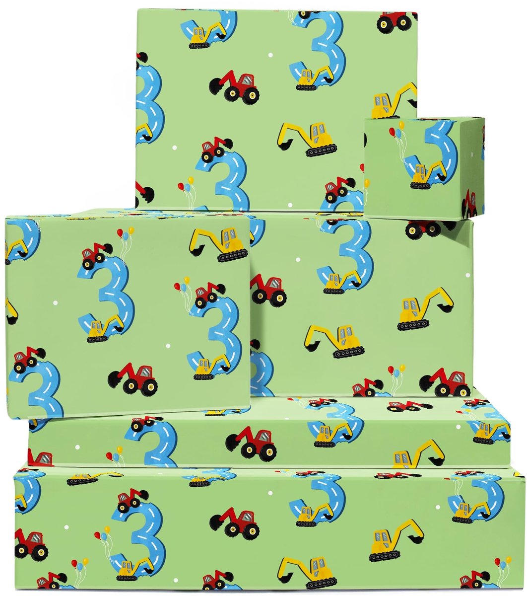 Omgoods - Cadeaupapier Set voor Jongens met Diggers & Tractors, 6 Vellen