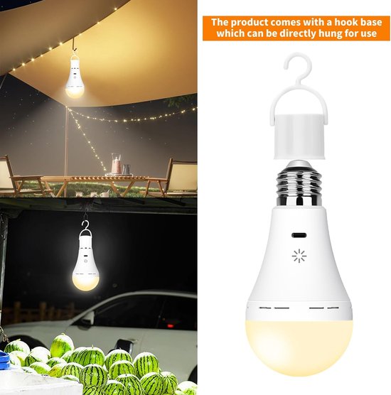 Oplaadbare Gloeilamp Afstandsbediening & Touch, 3000K Warm Licht 2 Stuk - 2600mAh Batterij, Accu, 7W 700lm, LED Dimbaar, USB-C, 3 Timer, Haak Inclusief, Voor Lampen Zonder Stroom, Noodverlichting — afbeelding 4