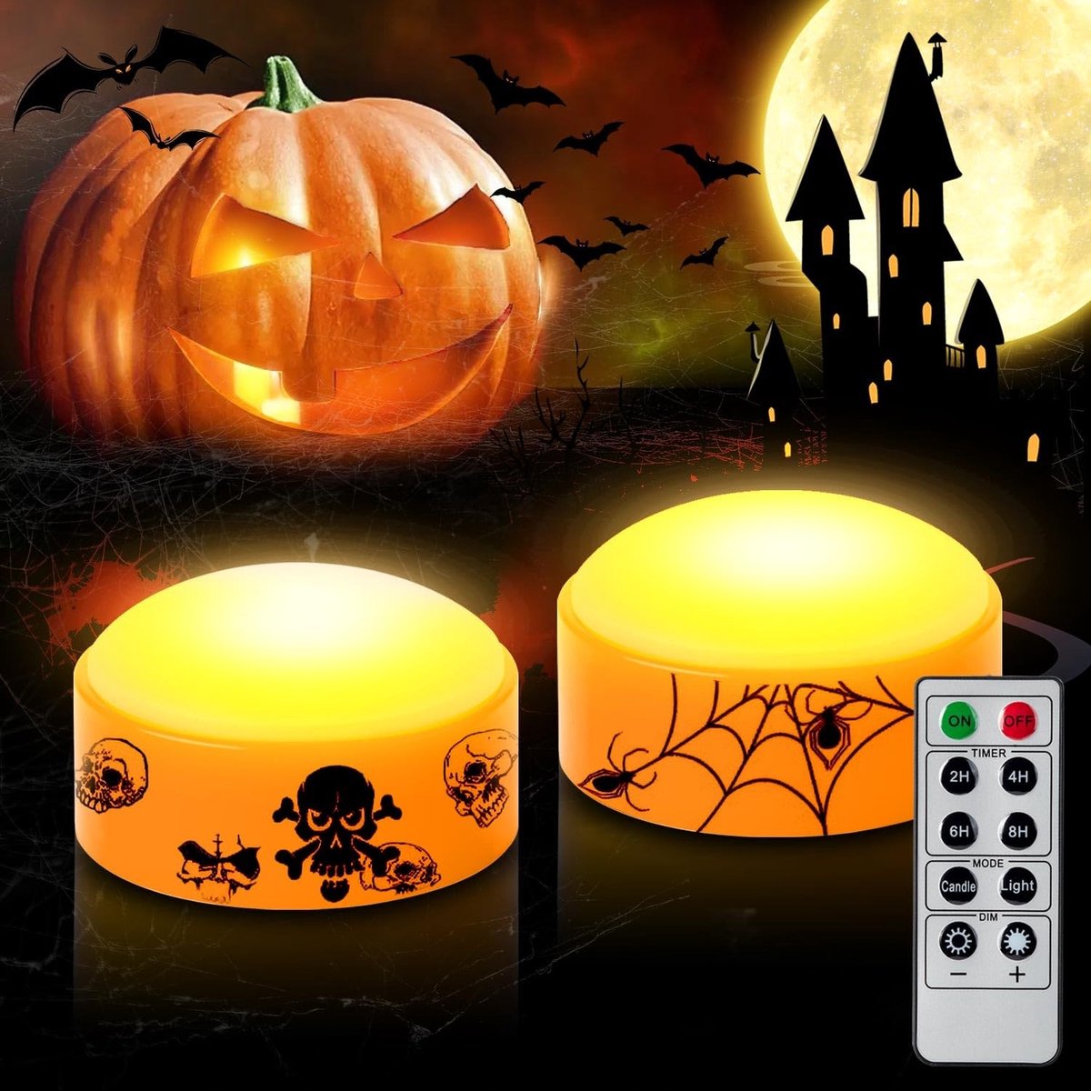 Omgoods- Pompoenlicht met Afstandsbediening - LED Kaarsen - Vlamloos - Halloween Decoratie - Batterij Werkt - Veilig voor Kinderen/Huisdieren - Led-kaars