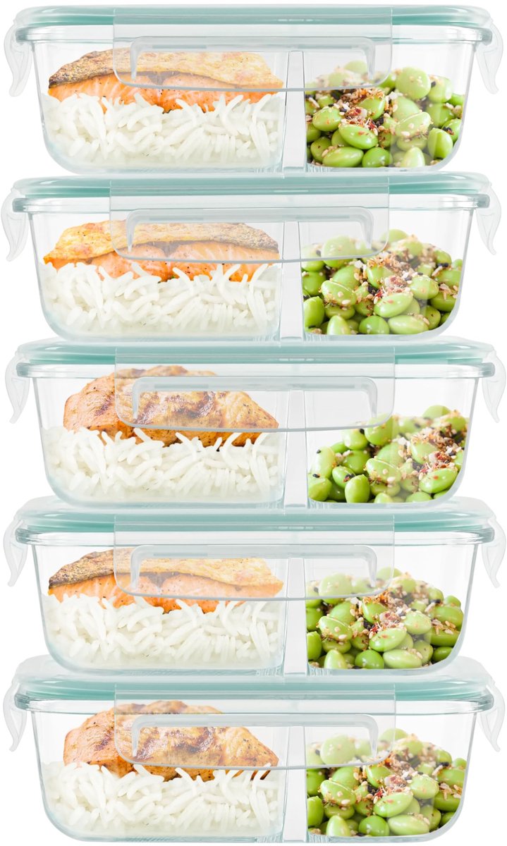 Omgoods- Maaltijdprep Containers 5 Stuks - Glazen - Lekbestendig - Voedselgraad - BPA-vrij - Magnetron/Vriezer/Vaatwasserbestendig - Lunchbox