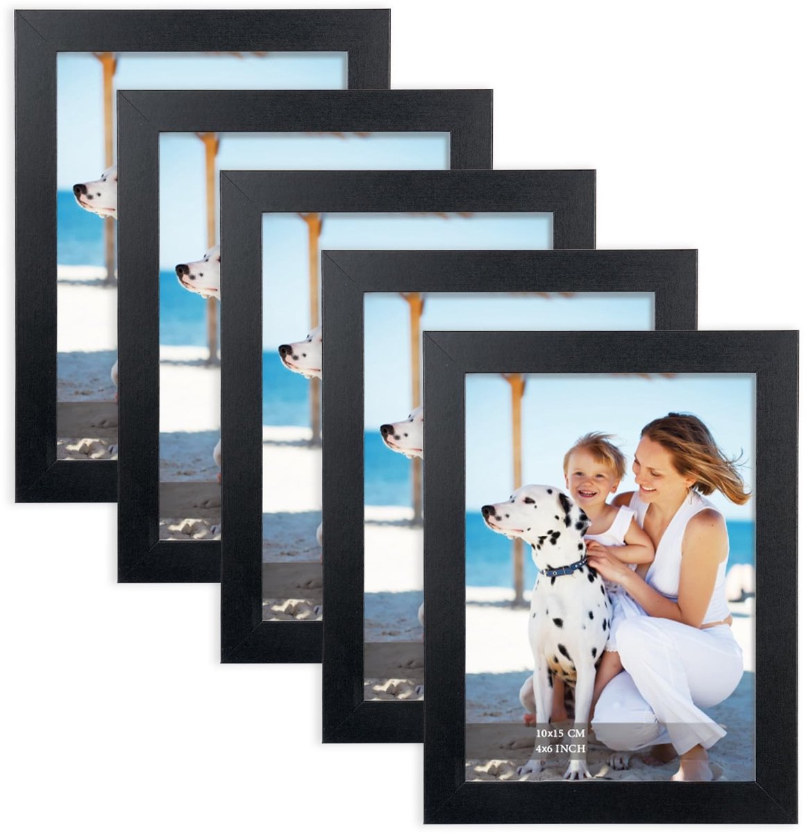Omgoods - Set van 5 Zwarte Houten Fotolijsten 10 x 15 cm met Acrylglas