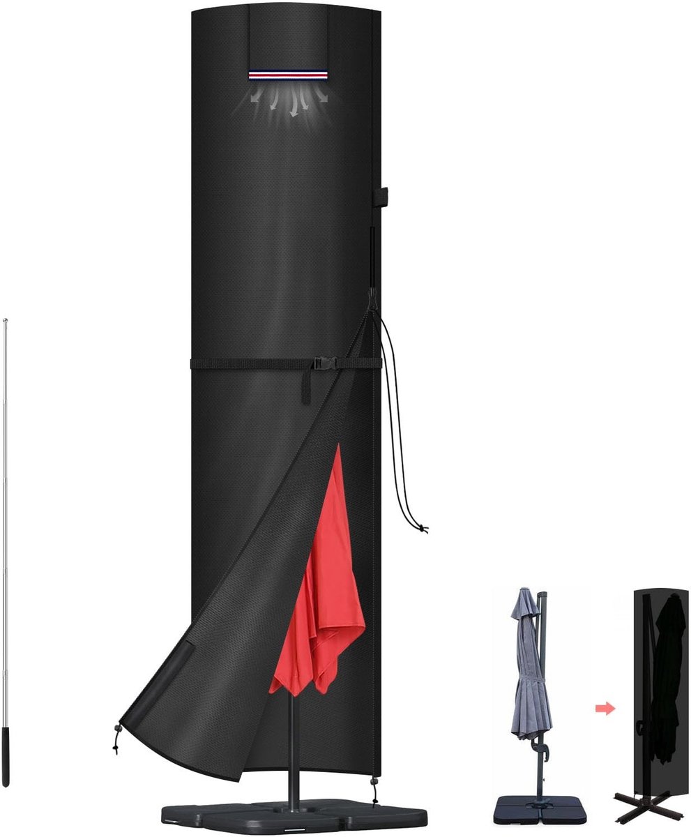 Omgoods- Parasolhoes Waterdicht - Parasolhoes met Rits en Stok - Parasolhoes voor Tuinparasol Ø 3-5m - 420D Oxford Weefsel - Scheurvast en UV-bestendig