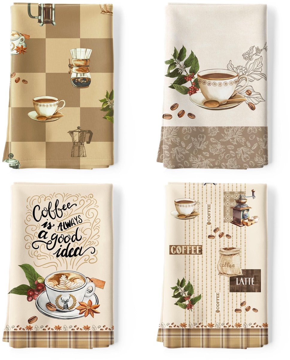 Omgoods - Set van 4 Katoenen Keukendoeken Koffie Design Sneldrogend 48x70 cm