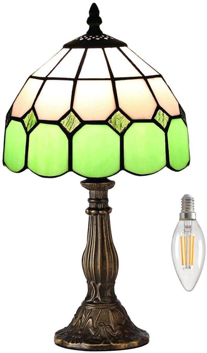 Omgoods - Vintage Tiffany Stijl Tafellamp met Glazen Lampenkap