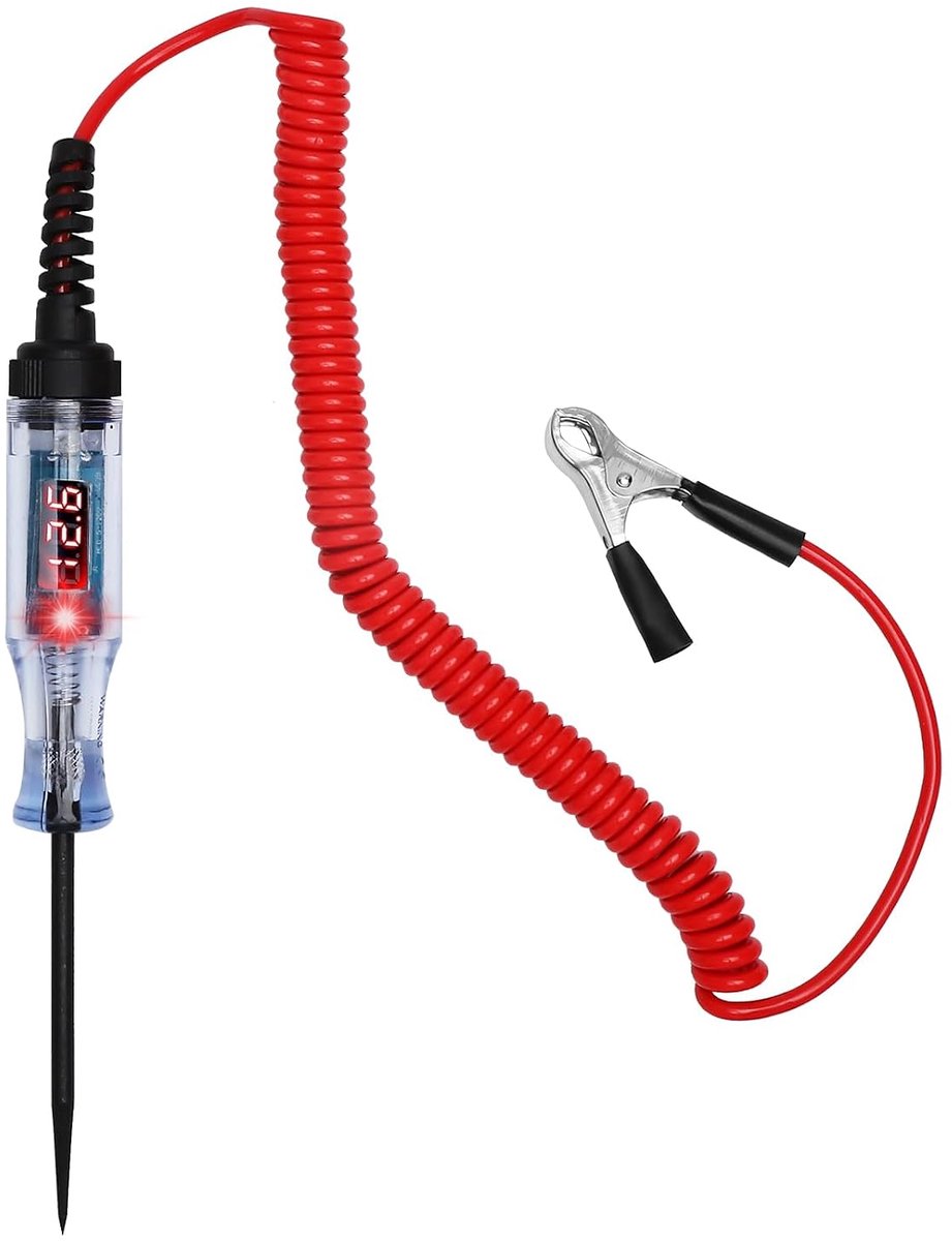 Stroomtester voor auto, met led- en digitaal display, spanningszoeker, 12 V, 24 V, met krokodillenklem en veerkabel, testlamp voor autozekeringen, spanningstest, diagnosegereedschap