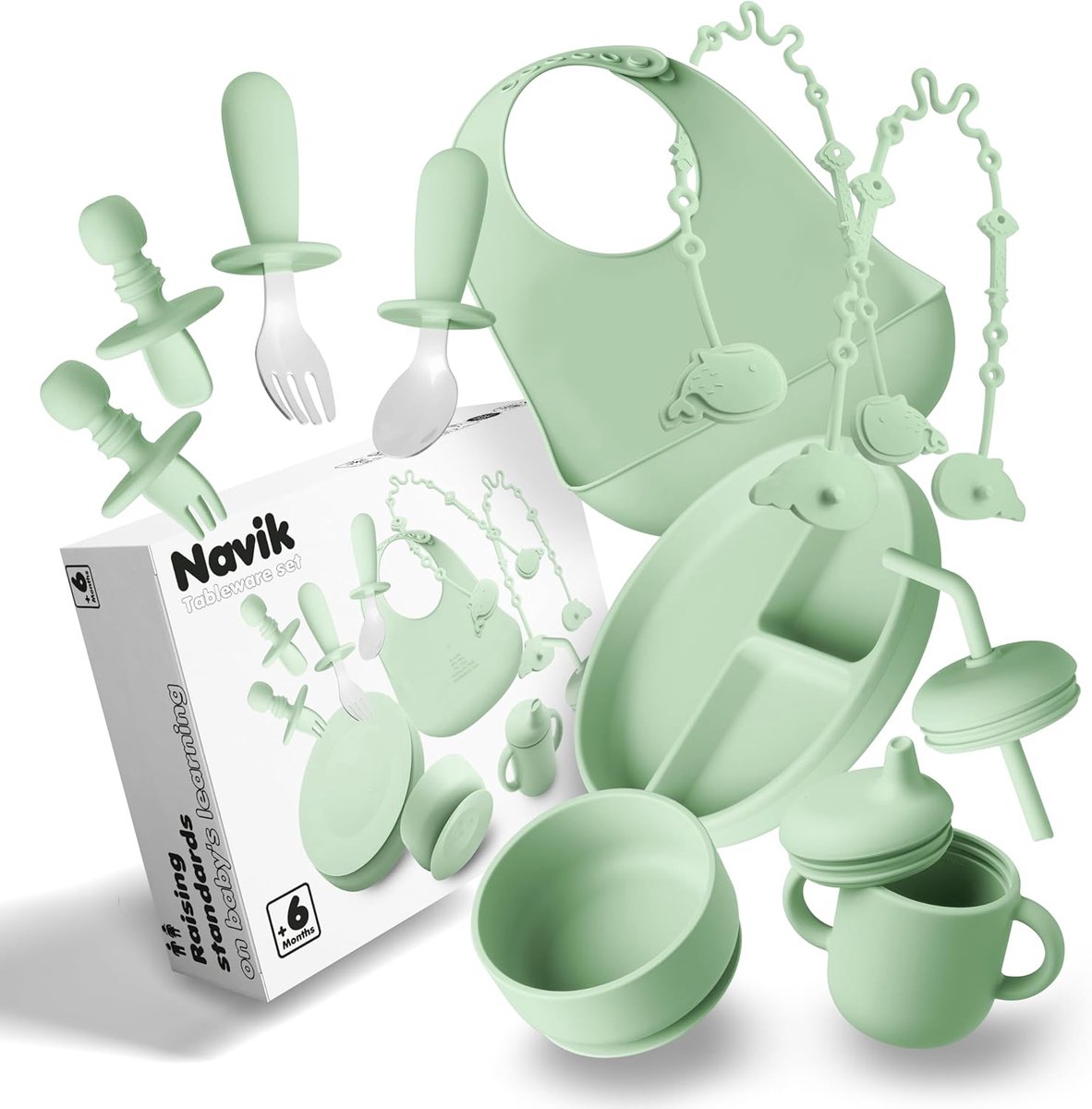 SnelShoppen - Baby servies set 12-delig | Siliconen plate met zuignap | Drinkbeker met handvatten | Baby lepel en kom | Kindertafelen vanaf 6 maanden