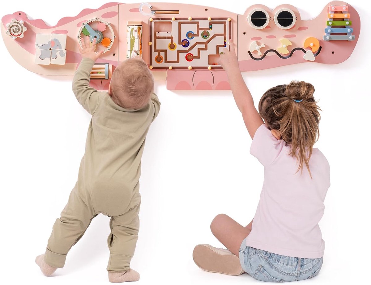 Montessori Busy Board Wandmontage, 8-in-1 activiteitenbord, speelgoed, hout, activiteitenbord met magnetisch parellabyrint, xylofoon, tandwielen, cadeau voor kinderen, meisjes vanaf 3 jaar