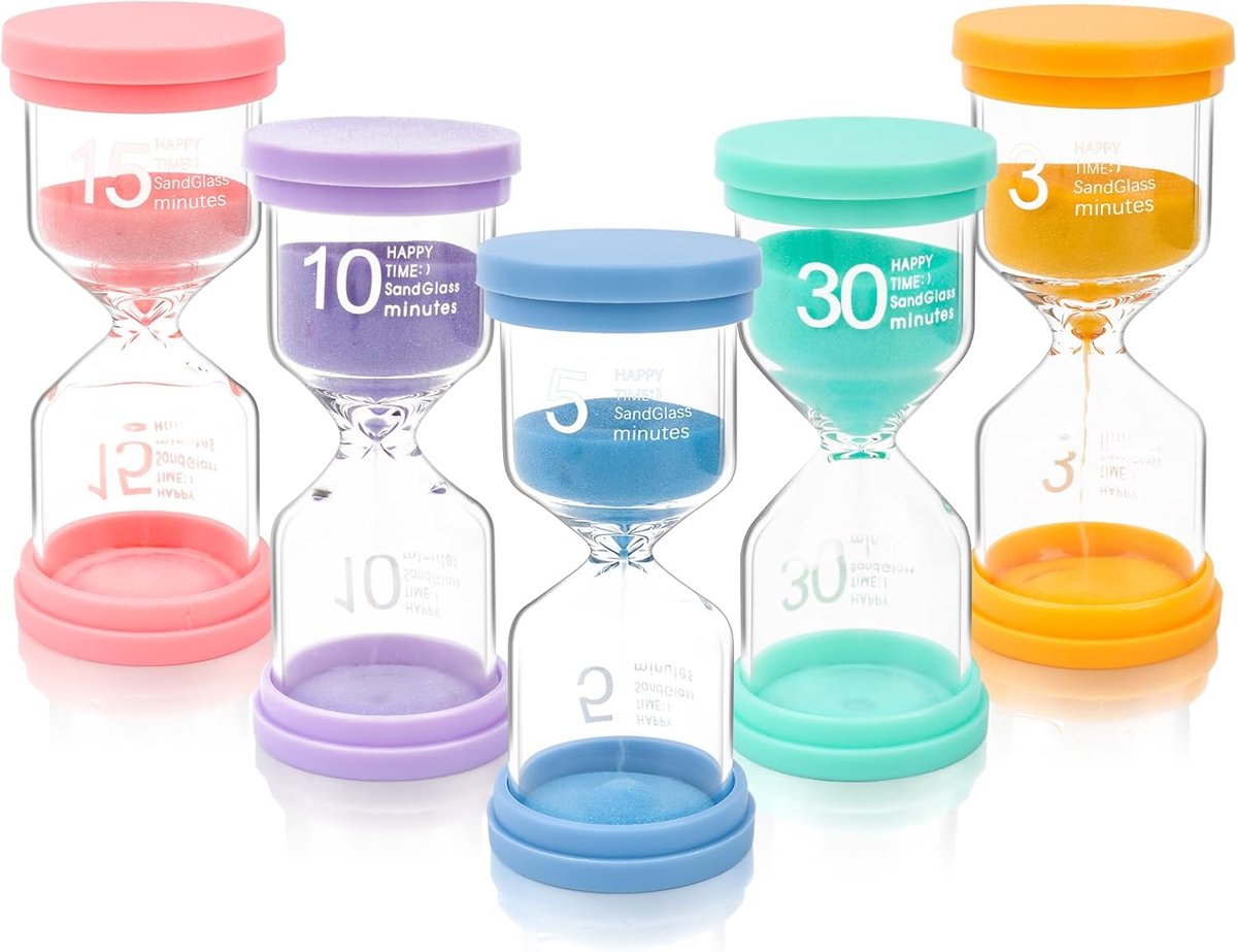 5 stuks zandloper, kleurtimer, 3/5/10/15/30 min, zandlopers in macaron-kleuren, om te leren, stopwatchset, cadeaus voor op kantoor thuis