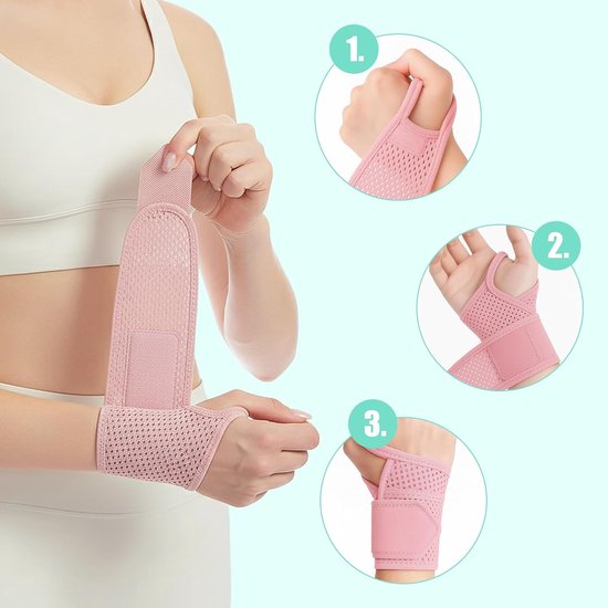 Handbandage, 2 stuks, roze bandage pols met opbergtas, ademende polsbandage met duimlus, geschikt voor peesschedeontsteking, sport en werk — afbeelding 2