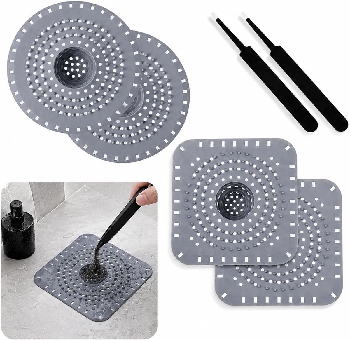 6 stuks siliconen spoelbakfilter, antislip, douchefilter, gootsteenstop voor het toilet met 2 klemmen, filter voor haar en vuil, geschikt voor badkuip, wastafel en keuken
