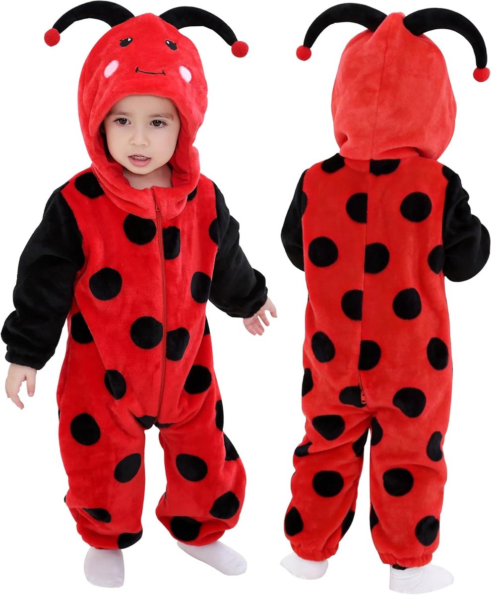 baby rompertje Flanel Dier Hooded Jumpsuits Baby Outfit, Peuter Slaapkleding en Speelkleding voor Kinderen van alle leeftijden(lieveheersbeestje, 12-18 maanden)